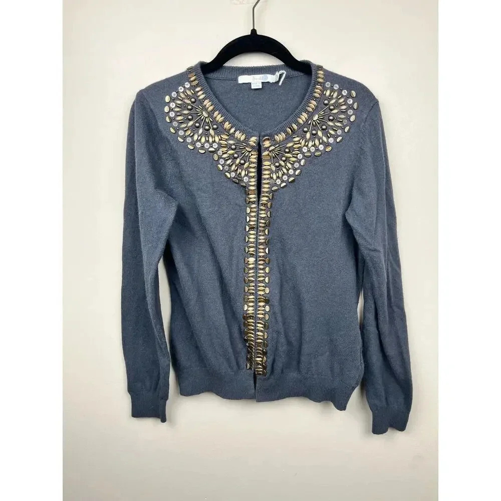 Boden Hand Embellished Cotton/Cashmere Blend Long Sleeve Cardigan - size 8